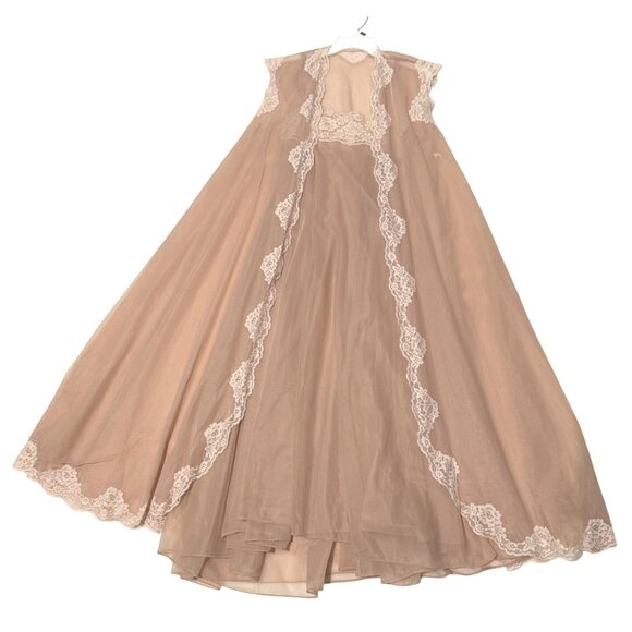 size 32 S/M SM Vintage‎ sheer tan beige Lace-Trimmed peignoir nightgown robe set - Picture 1 of 13